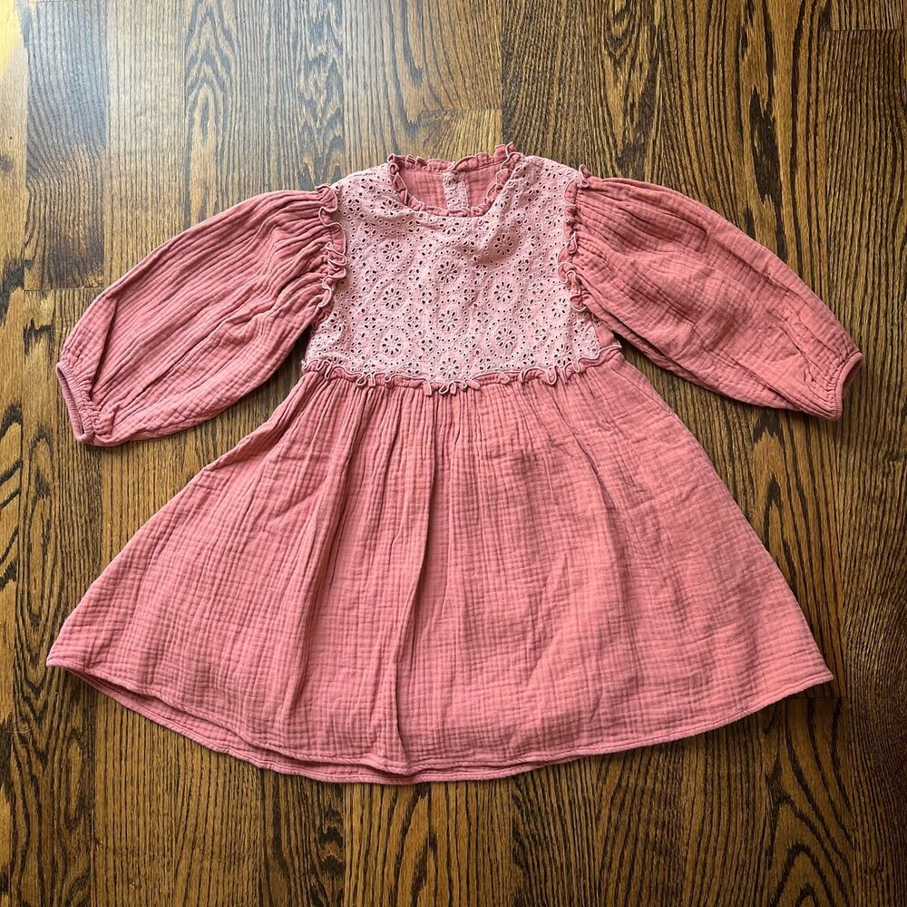 Popelin Gauze Eyelet Dress with Puffed Sleeves (4Y)